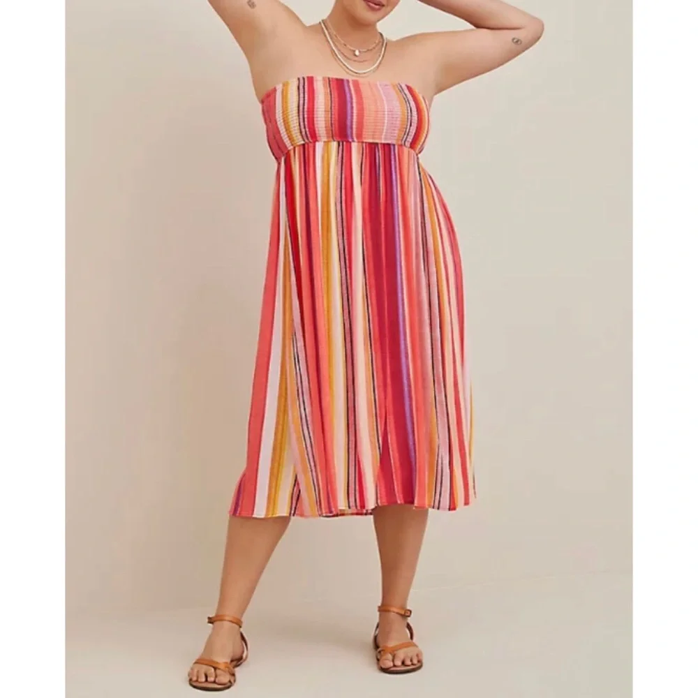 π Striped Midi Gauze Smocked Convertible Dress 1 1X 14 16 NWT Torrid New! - Picture 1 of 9